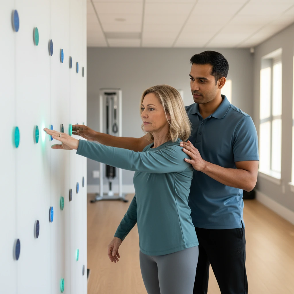 Older adult performing therapist-guided reactive light balance training at Dynamic Physical Therapy