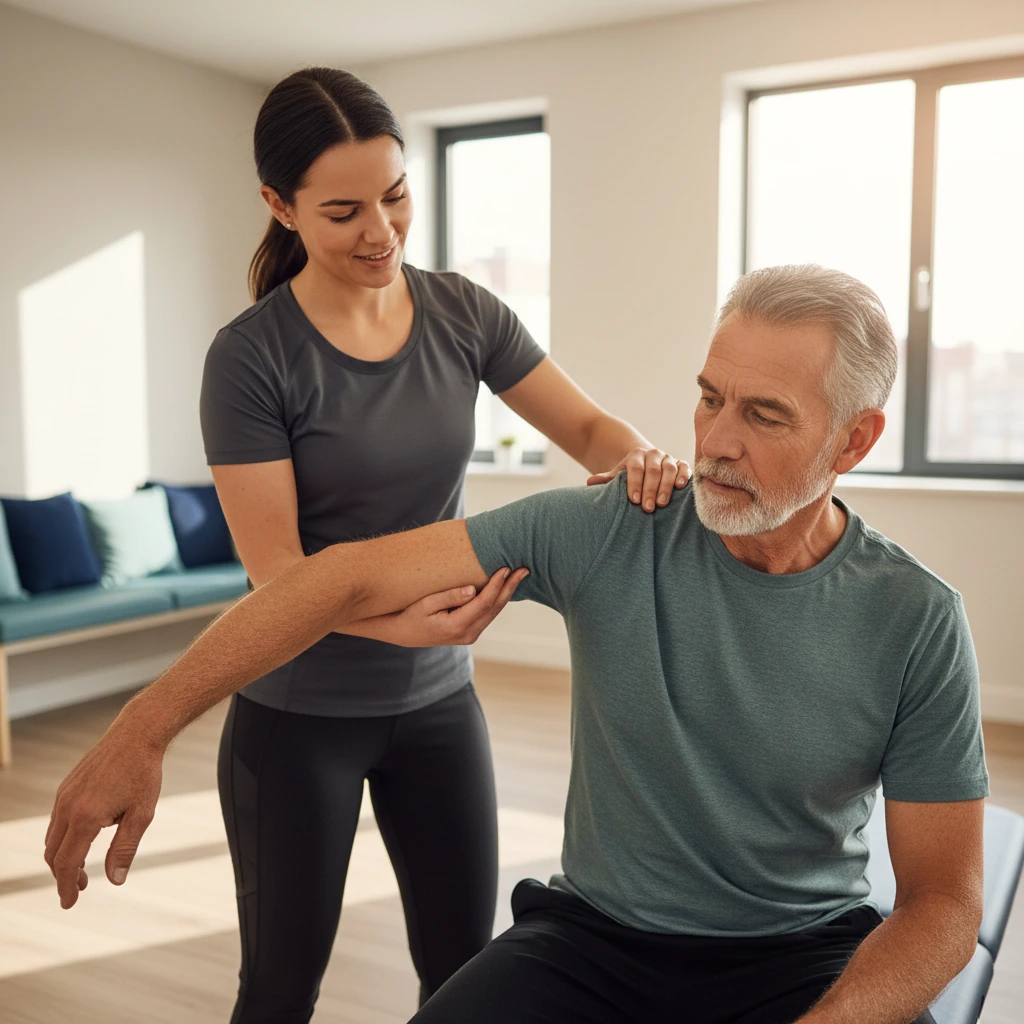 Physical therapist helping an arthritis patient regain joint mobility at Dynamic Physical Therapy in Queens