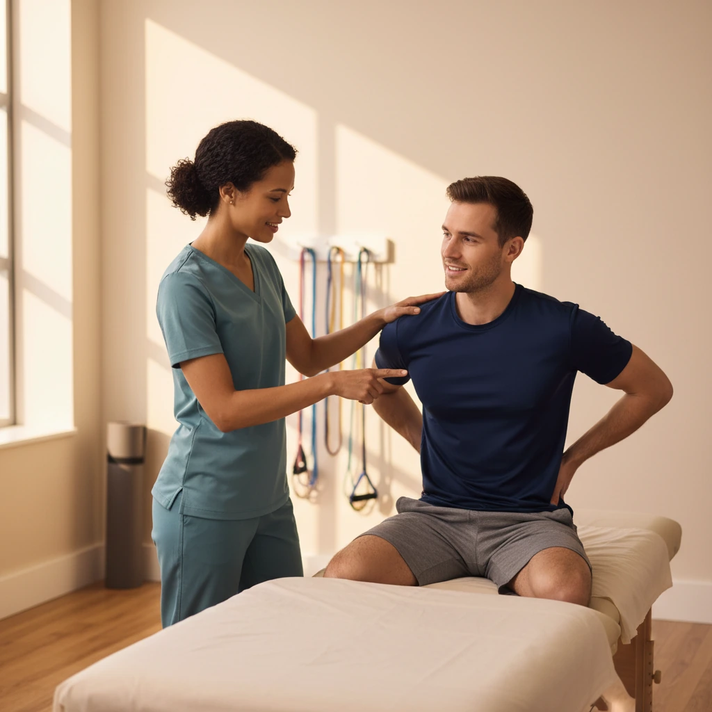 Physical therapist assessing a patient with lower back pain and sciatica