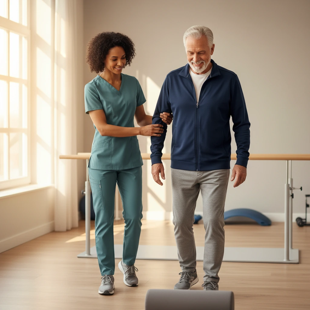 Physical therapist assisting an elderly patient with balance training at Dynamic Physical Therapy in Queens