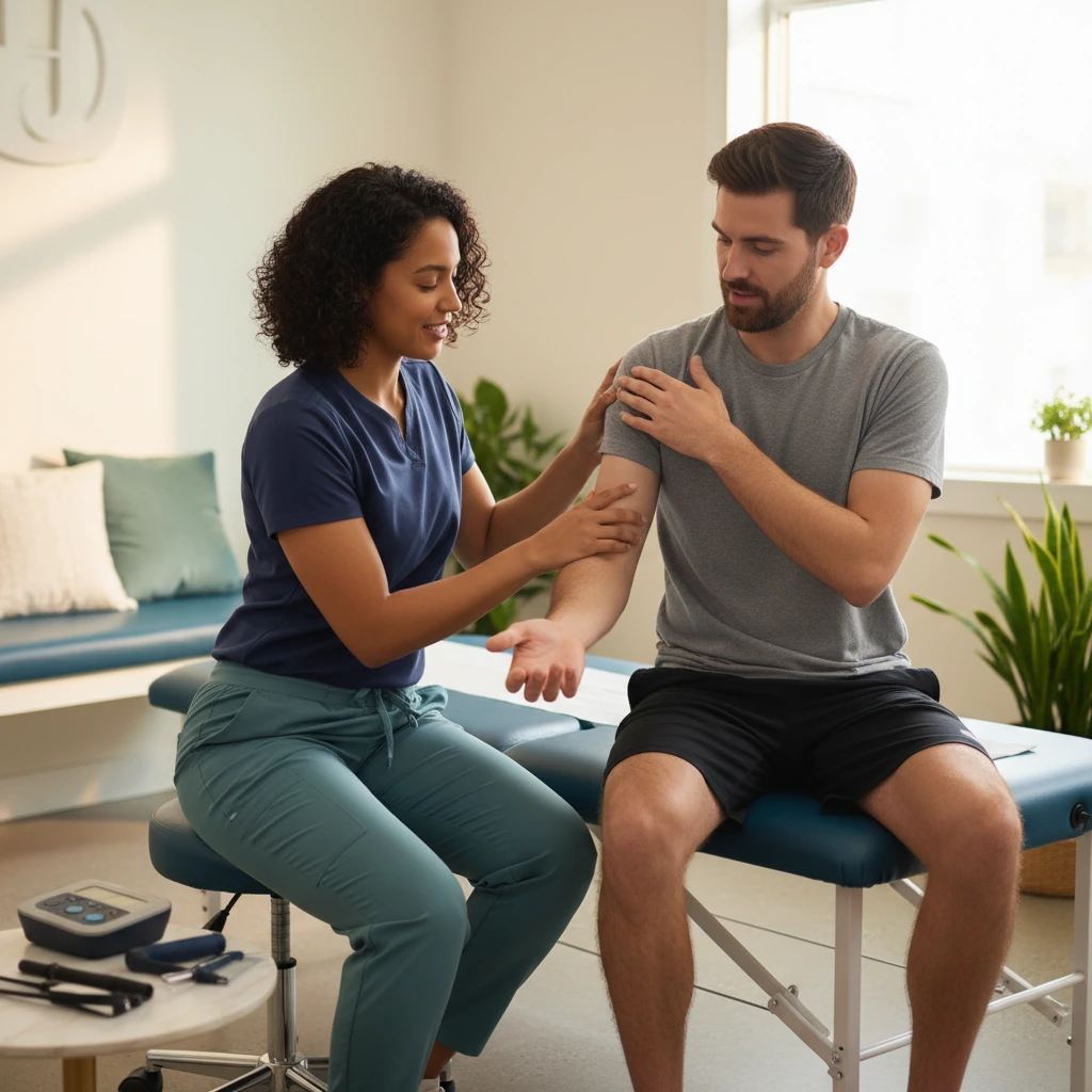 Physical therapist performing hand therapy and wrist rehabilitation at Dynamic Physical Therapy in Queens