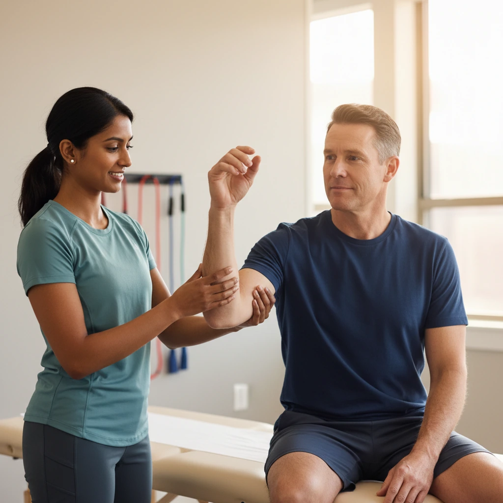 Physical therapist performing hand and wrist rehabilitation therapy in Queens