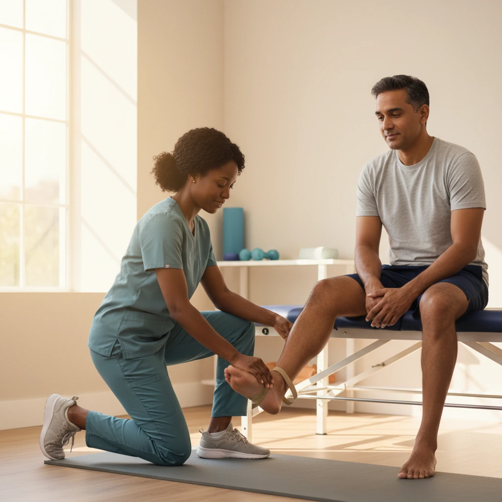 Physical therapist treating a patient's foot and ankle pain in Queens