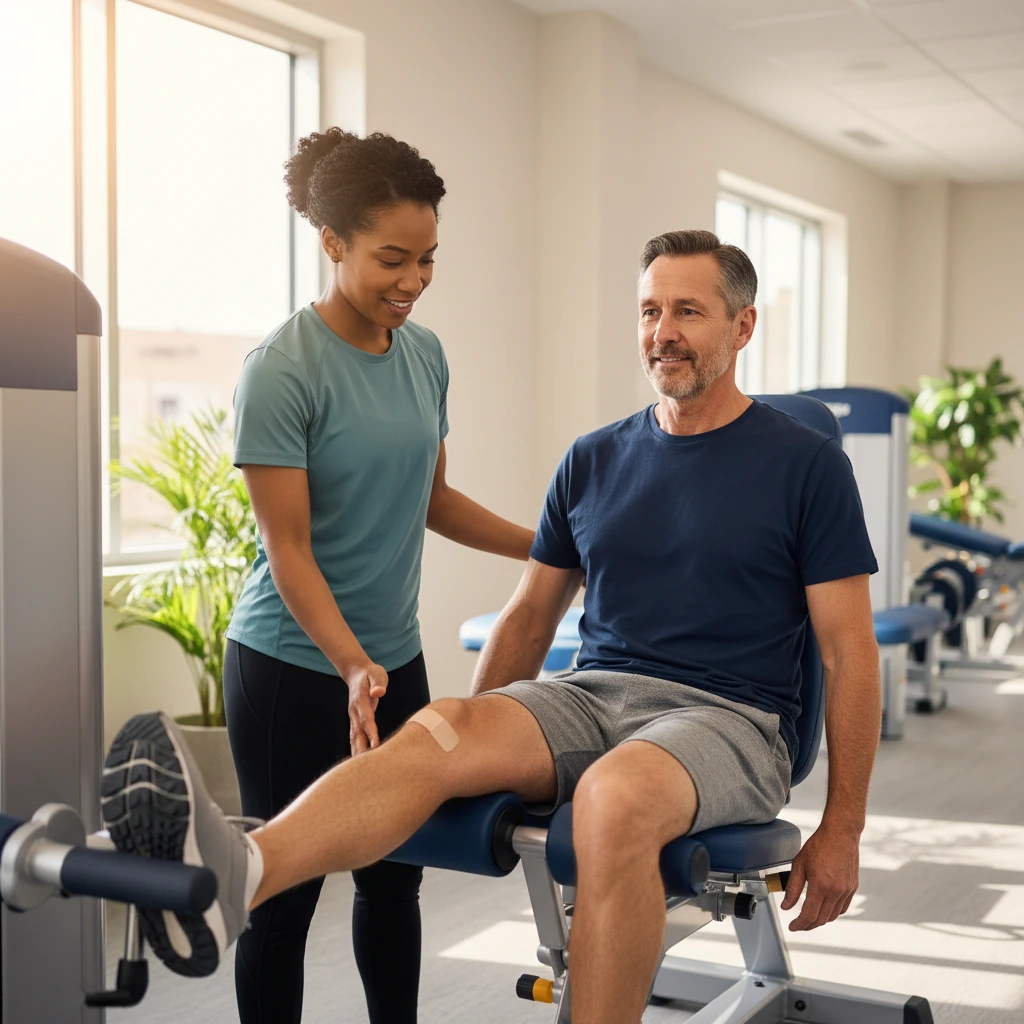 Physical therapist guiding a seated knee rehabilitation exercise with the full lower extremity visible