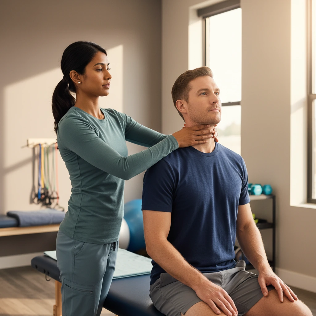 Physical therapist treating a patient's neck pain with manual therapy in Queens