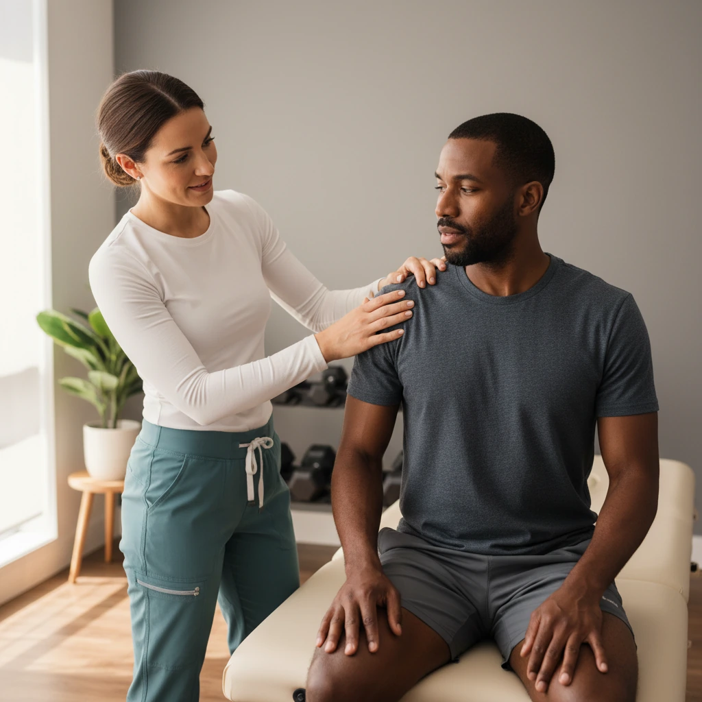 Patient with shoulder pain during a physical therapy evaluation at Dynamic Physical Therapy