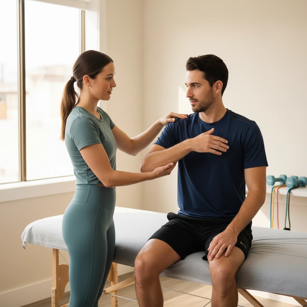 Dynamic Physical Therapy clinician performing shoulder rehabilitation treatment on a patient in Queens