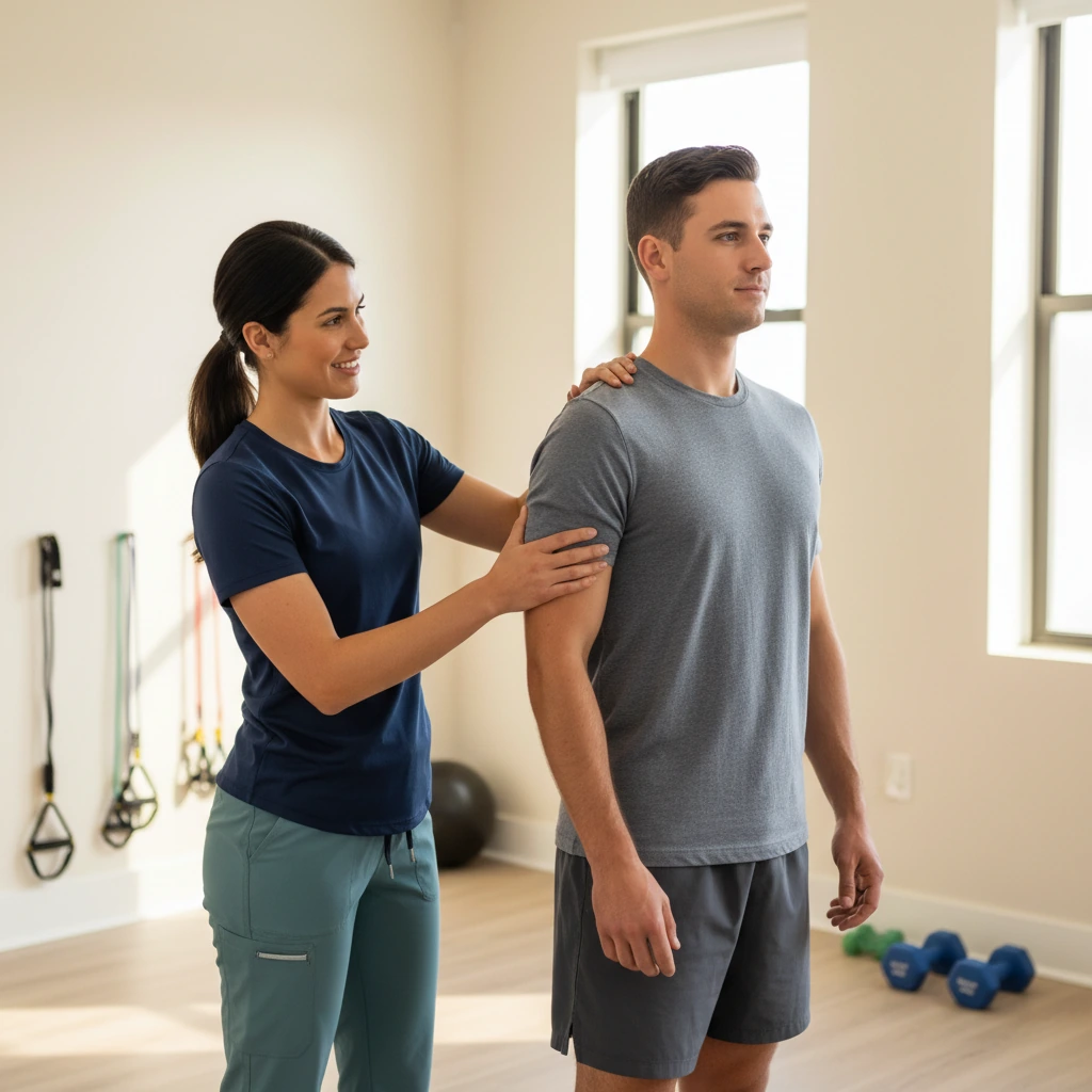 Physical therapist treating a patient's shoulder pain with manual therapy in Queens