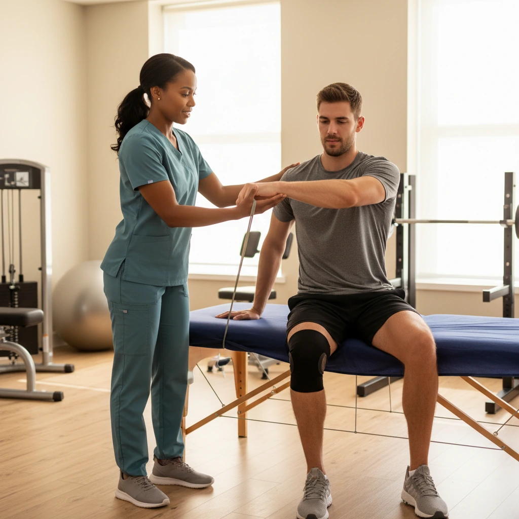 Physical therapist treating a sports injury patient at Dynamic Physical Therapy in Queens