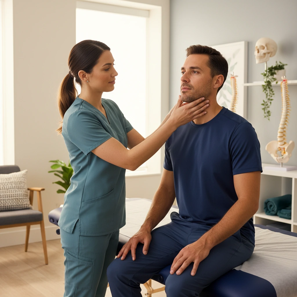 Patient receiving TMJ jaw and neck assessment at Dynamic Physical Therapy in Queens Long Island