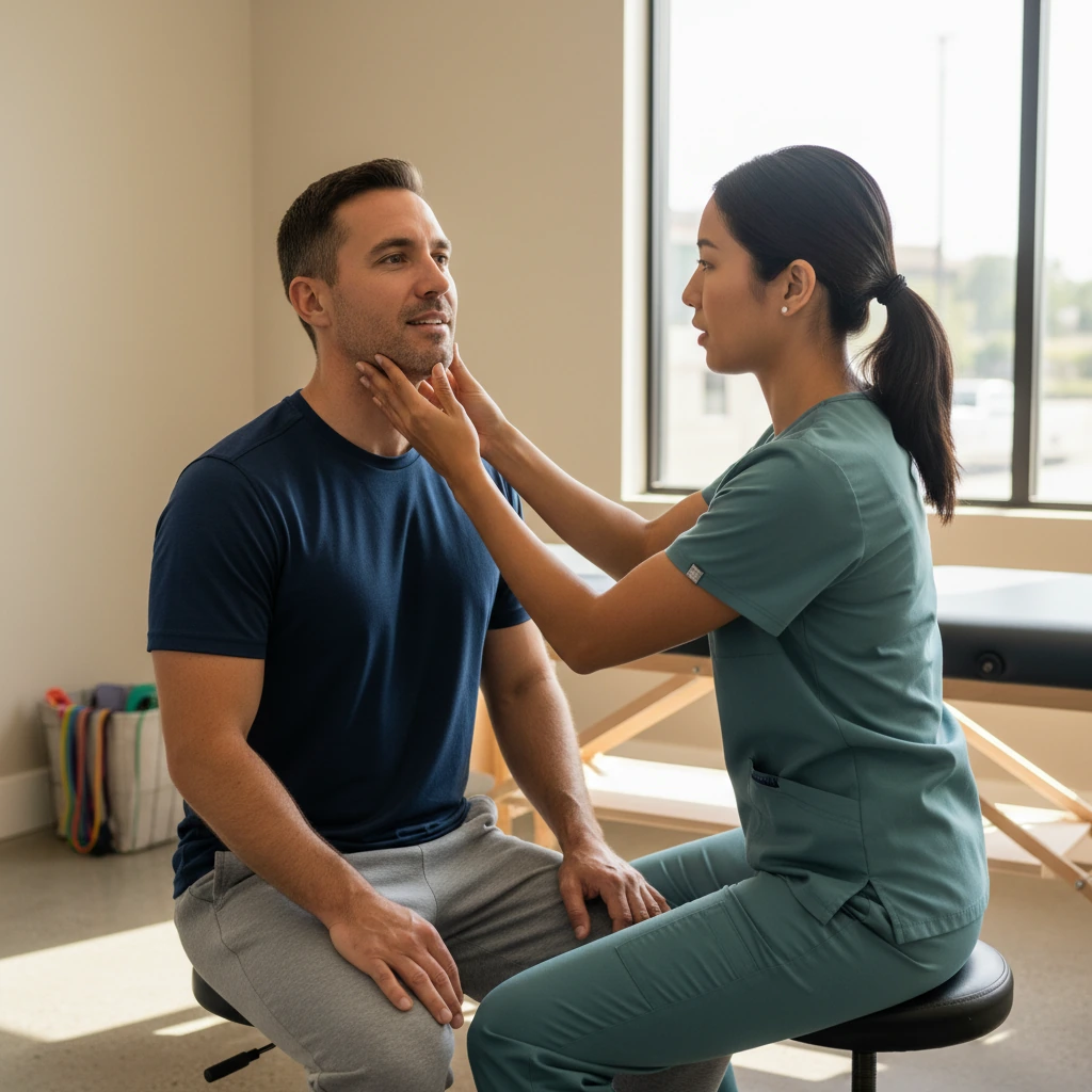 Dynamic Physical Therapy clinician performing jaw and cervical treatment for TMJ dysfunction in Queens