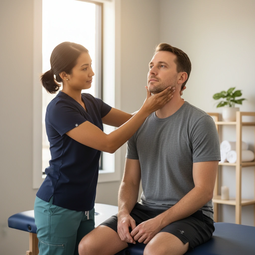 Physical therapist treating a patient with TMJ jaw pain at Dynamic Physical Therapy in Queens