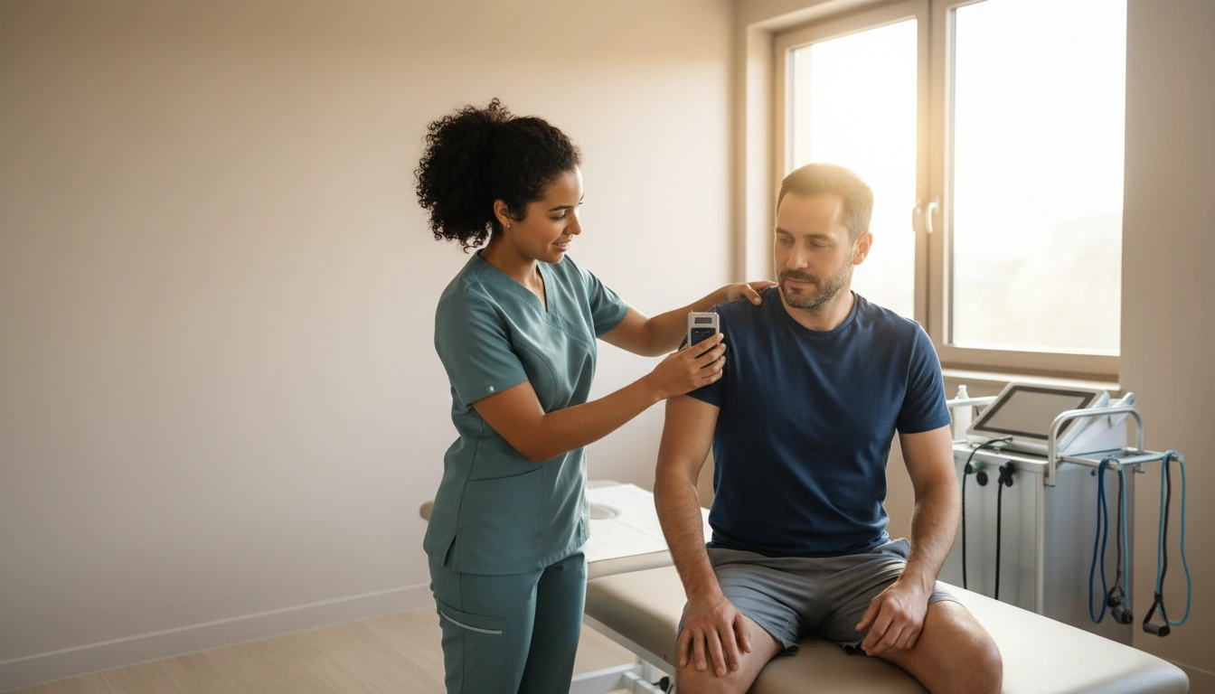 Therapist performing an in-clinic diagnostic shoulder assessment during a point-of-care evaluation