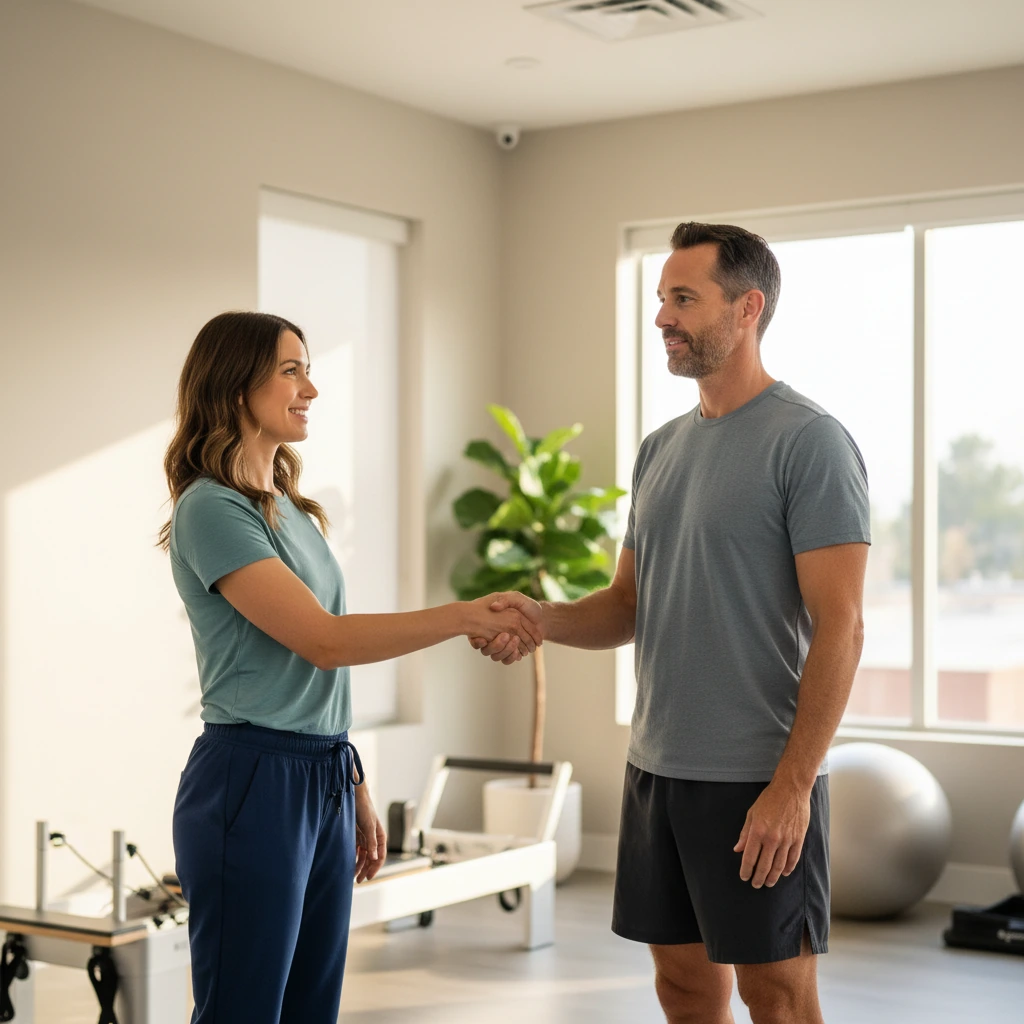 Licensed Dynamic Physical Therapy therapist conducting a complimentary assessment with a new patient