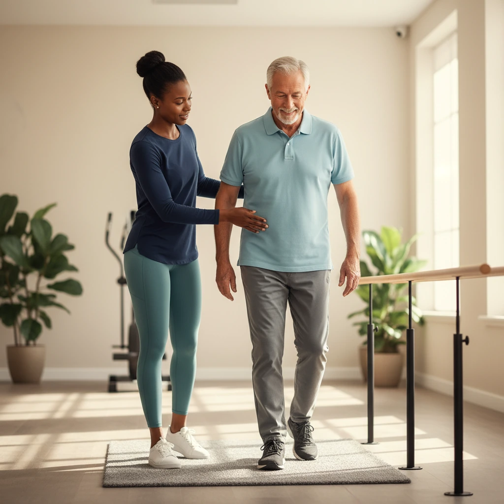 Licensed physical therapist providing one-on-one geriatric care to an older adult