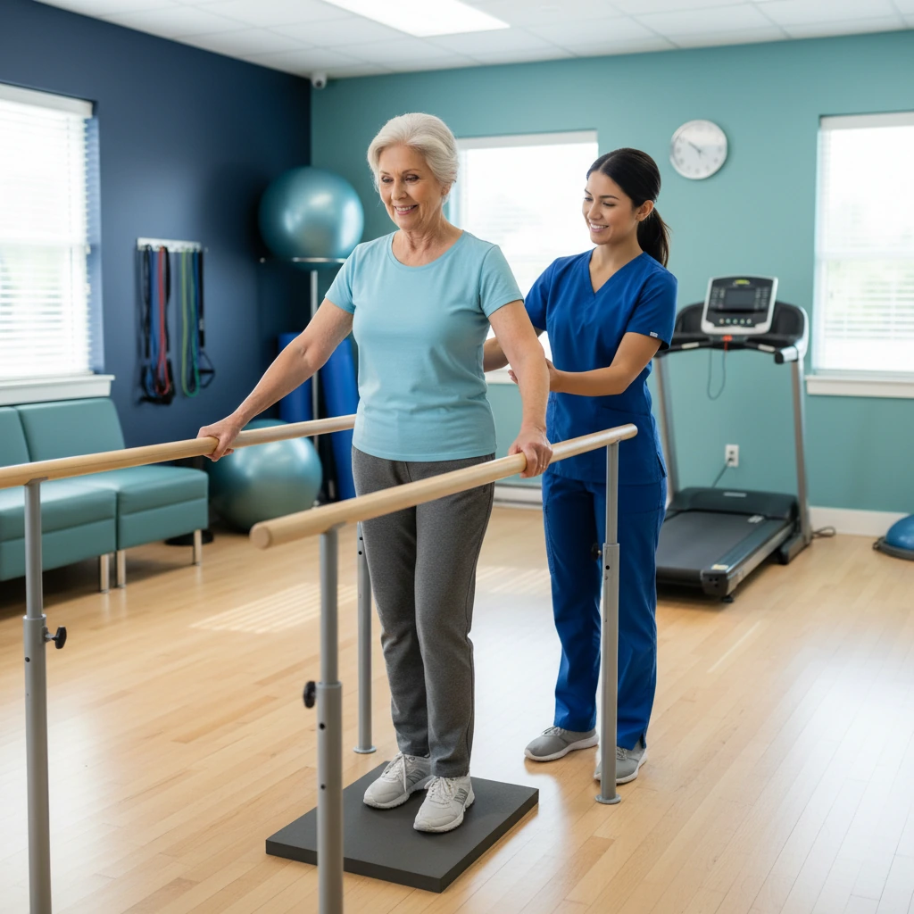 Older adult participating in balance and dizziness rehabilitation with a therapist nearby