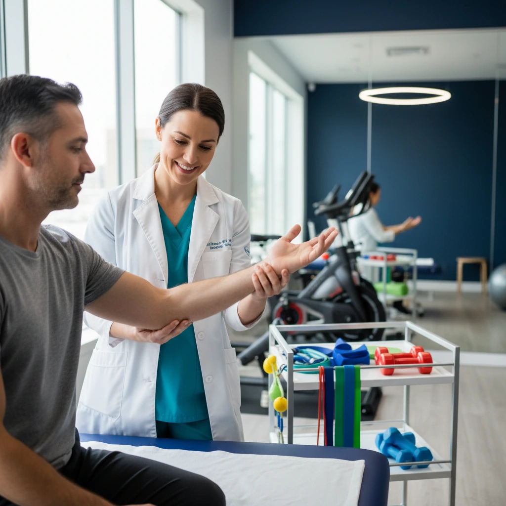 Therapist treating an upper extremity condition involving elbow wrist and hand pain