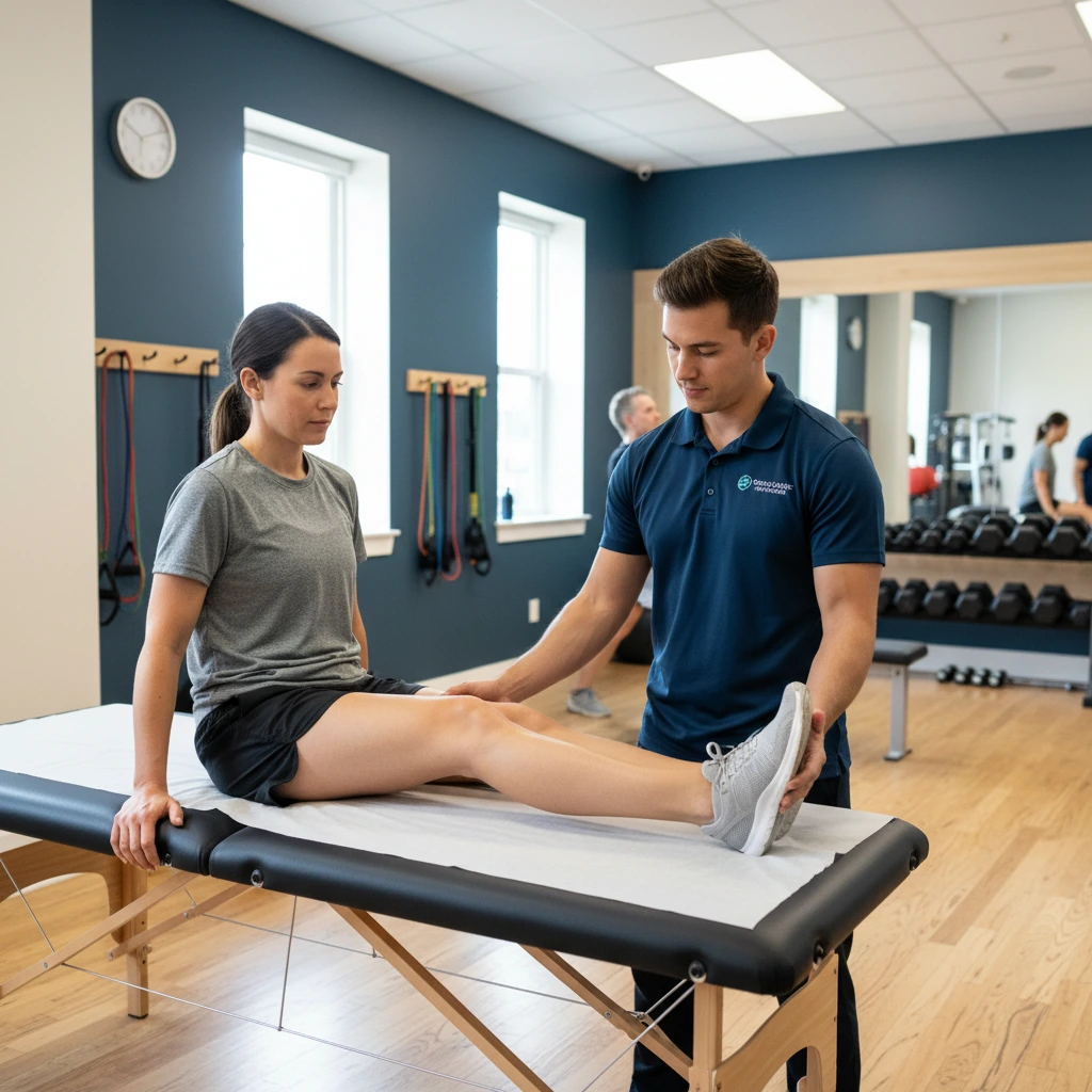 Patient working through knee pain rehabilitation in a physical therapy clinic