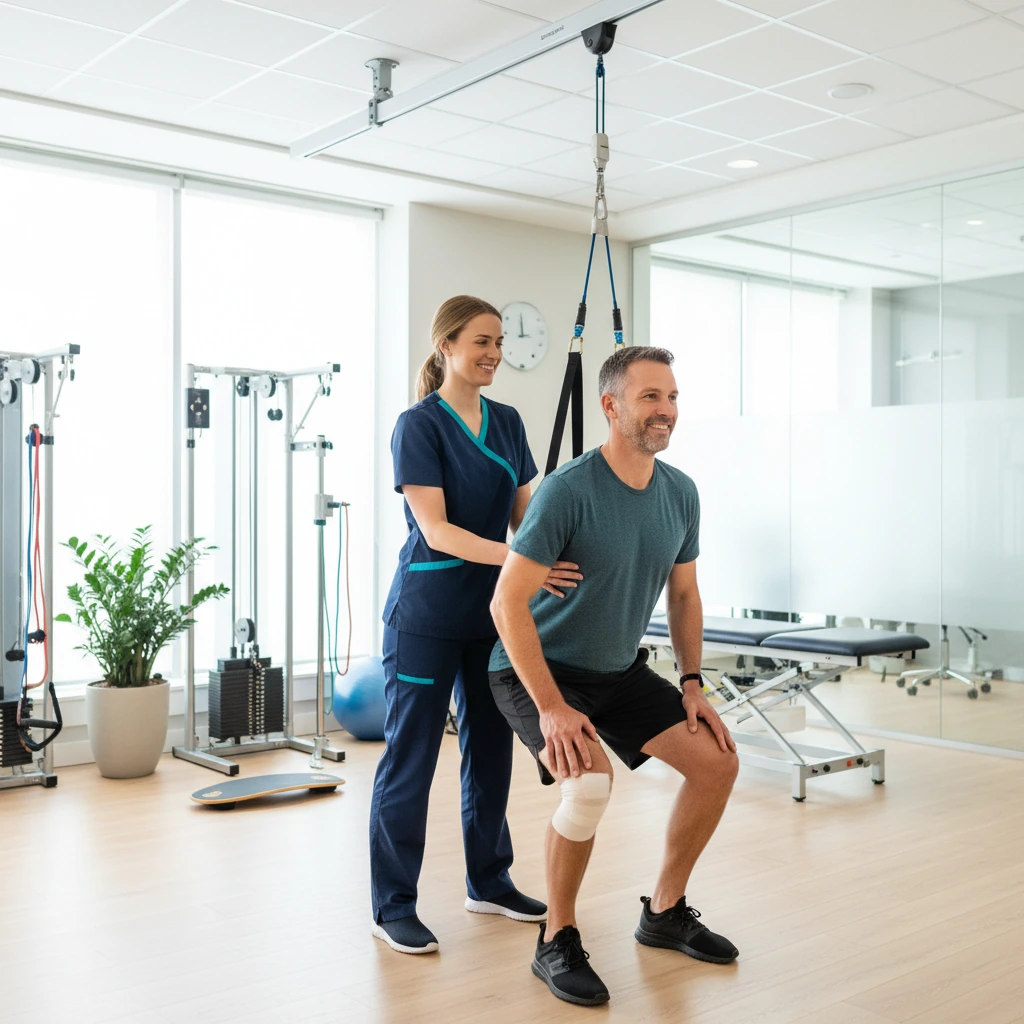 Post-surgical rehabilitation session with a therapist guiding a recovering patient