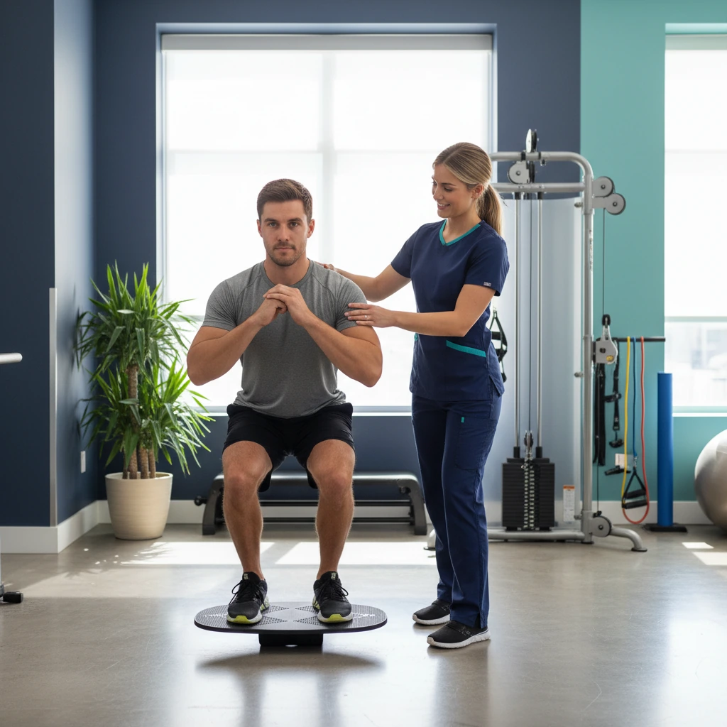 Athlete undergoing sports injury rehabilitation with a physical therapist