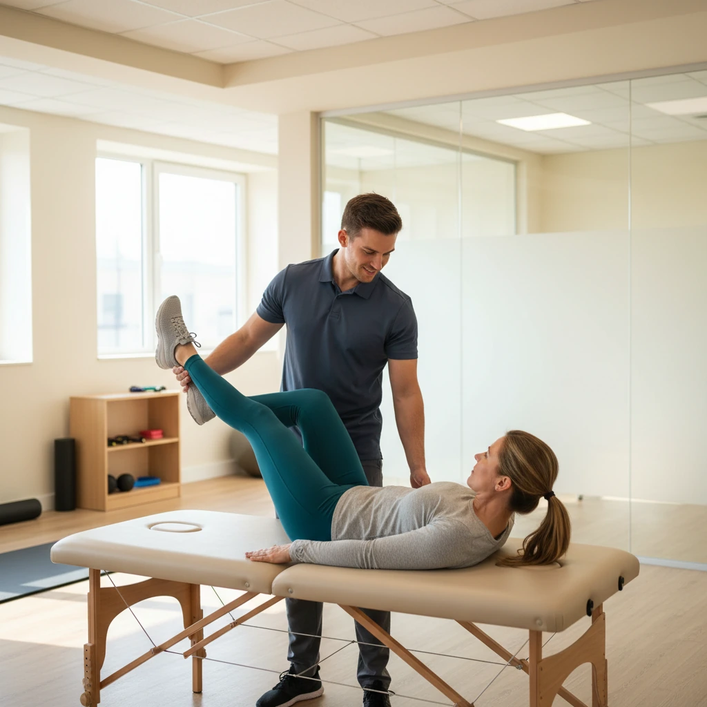 Therapist assisting a patient with spine rehabilitation exercises