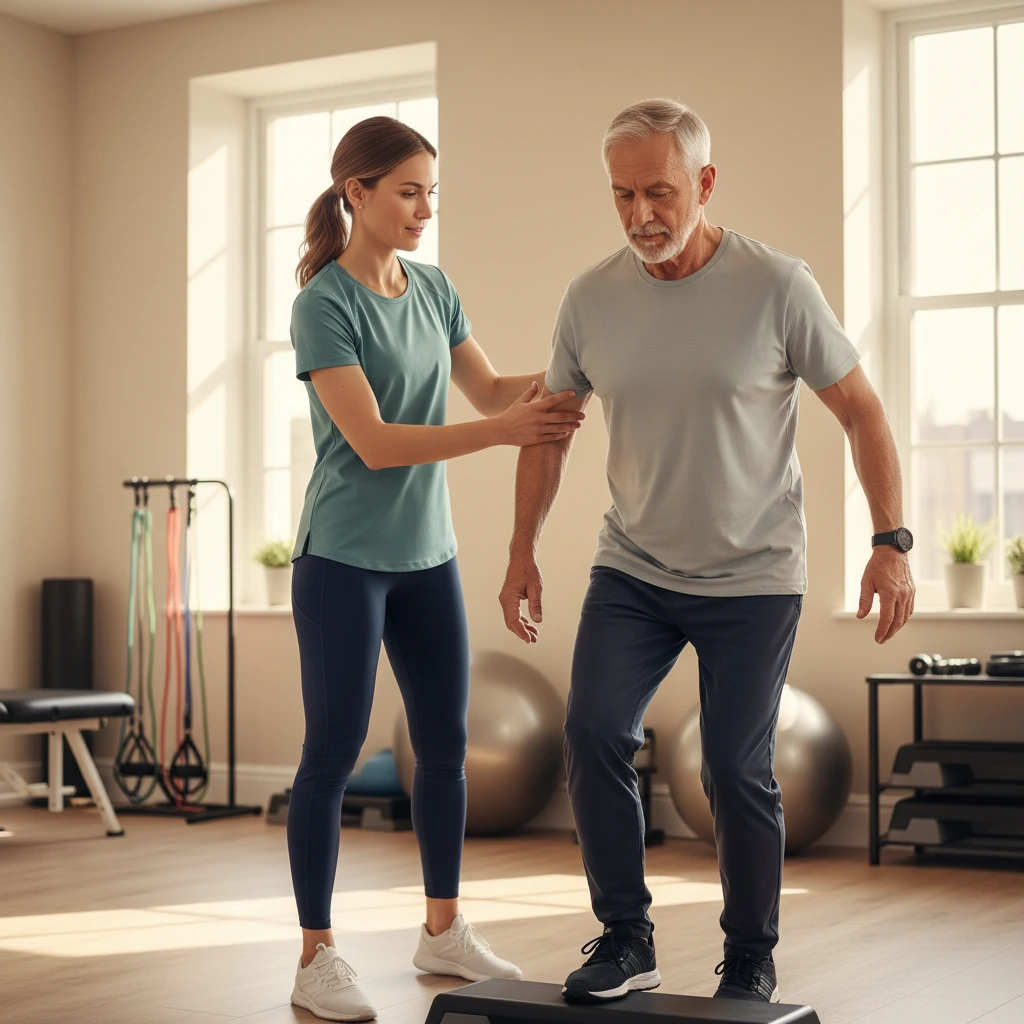 Therapist supporting an older adult during geriatric rehabilitation