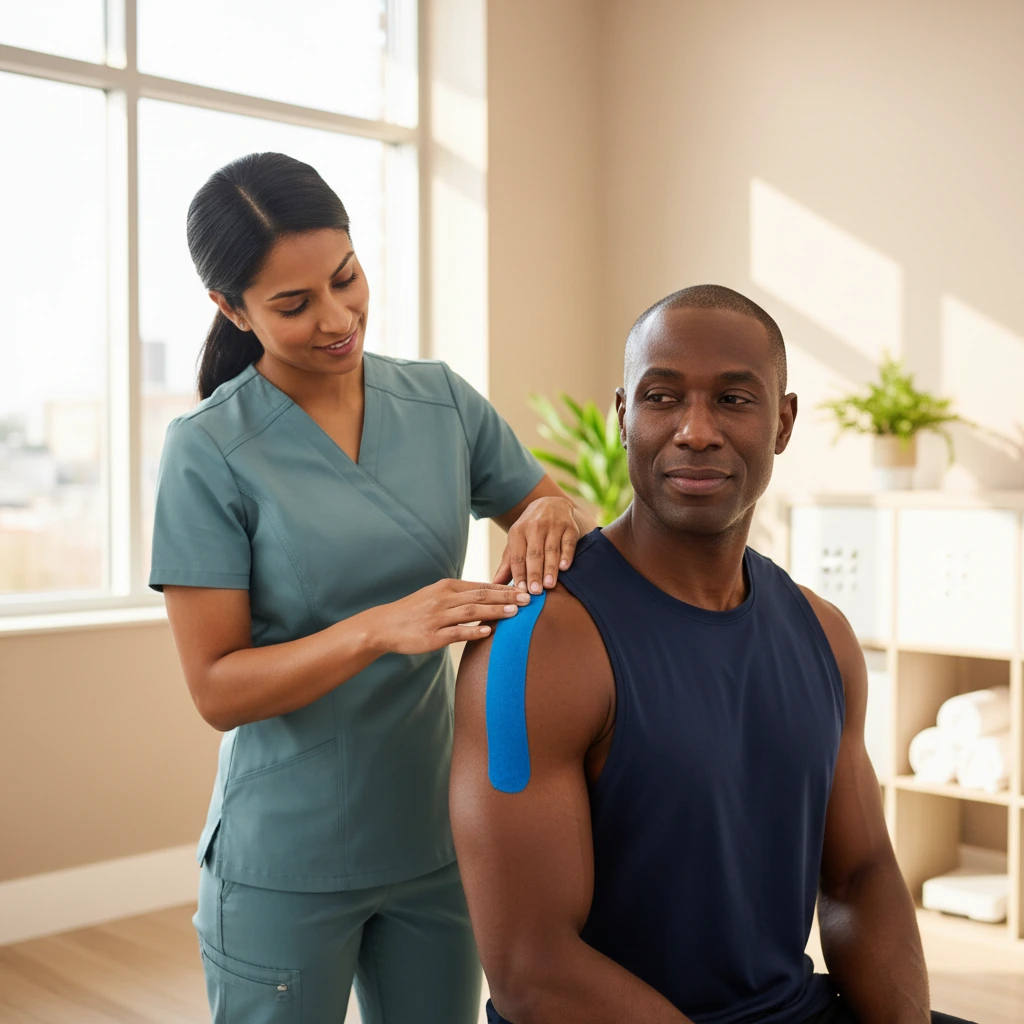 Kinesio taping application at Dynamic Physical Therapy Queens Long Island