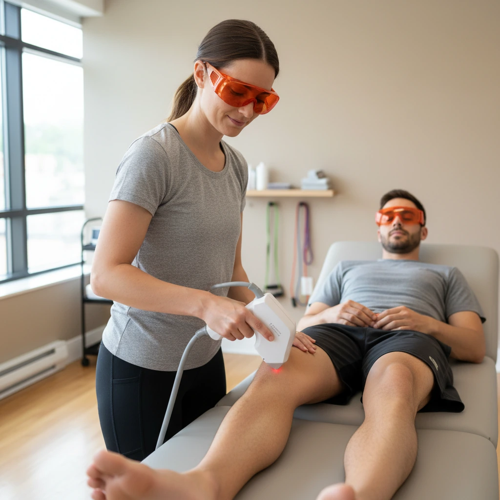 Therapist applying photobiomodulation laser to a patient's knee with both clinician and patient wearing protective laser safety eyewear