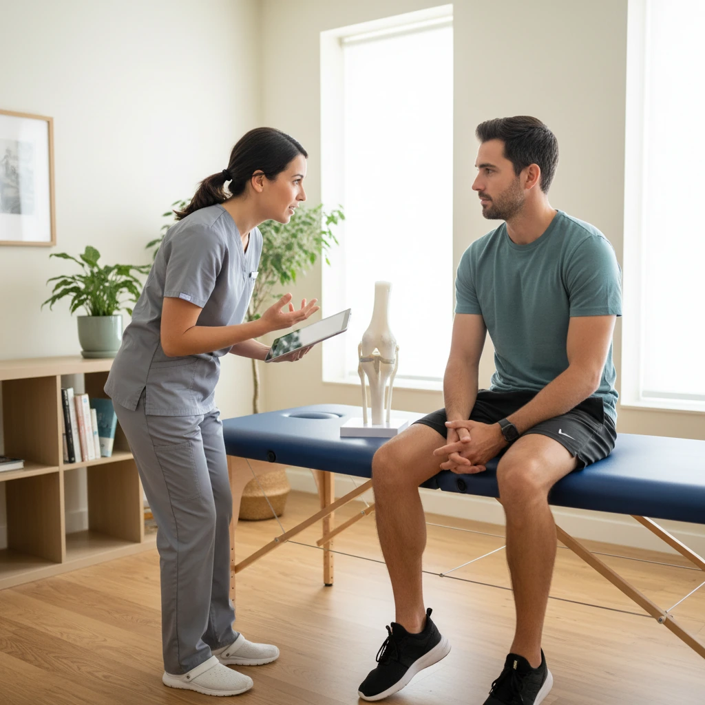 Licensed physical therapist working one-on-one with a post-surgical patient on knee rehabilitation