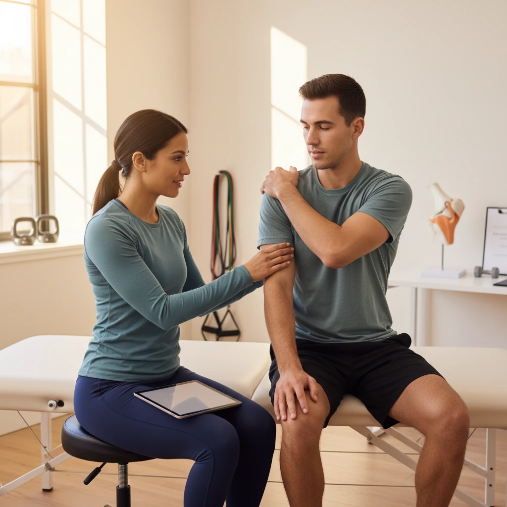 Athlete performing sport-specific rehabilitation exercises with physical therapist