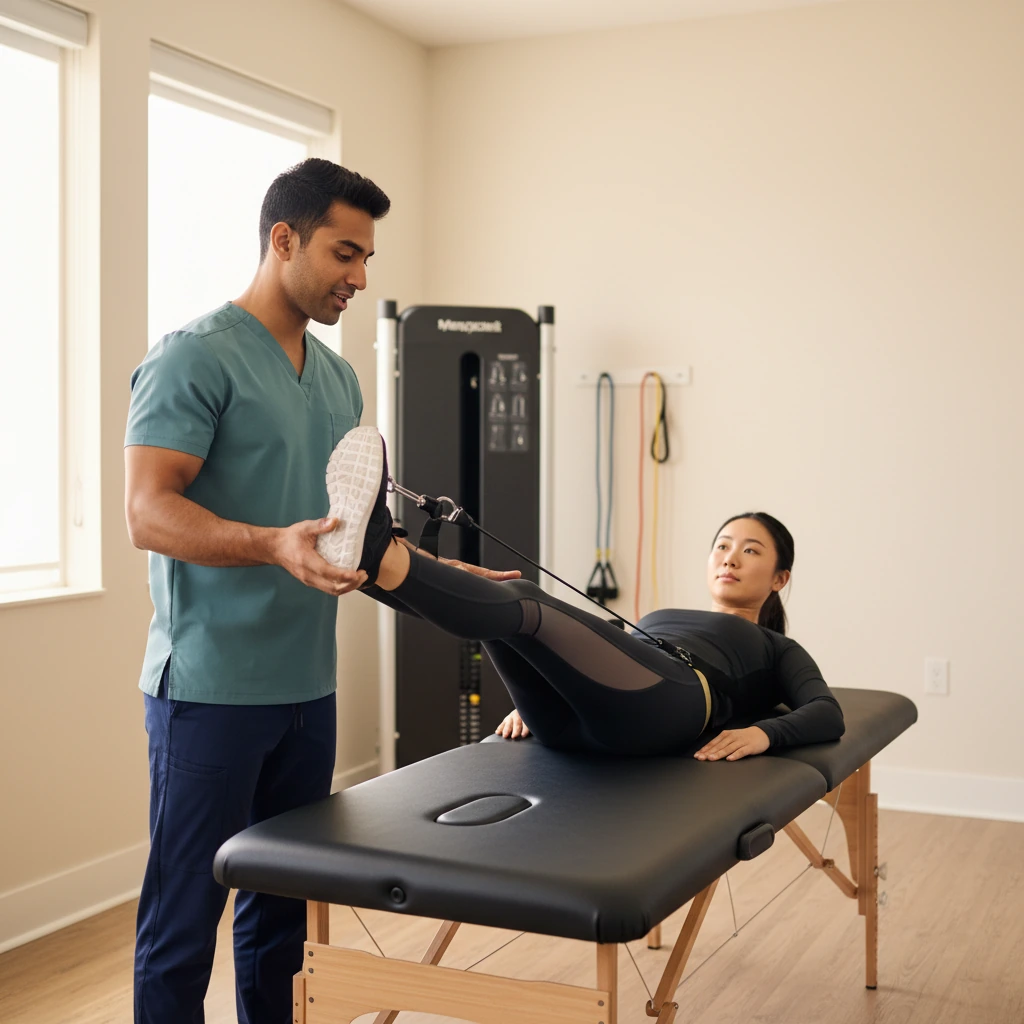 Athlete receiving sports rehabilitation therapy for knee injury