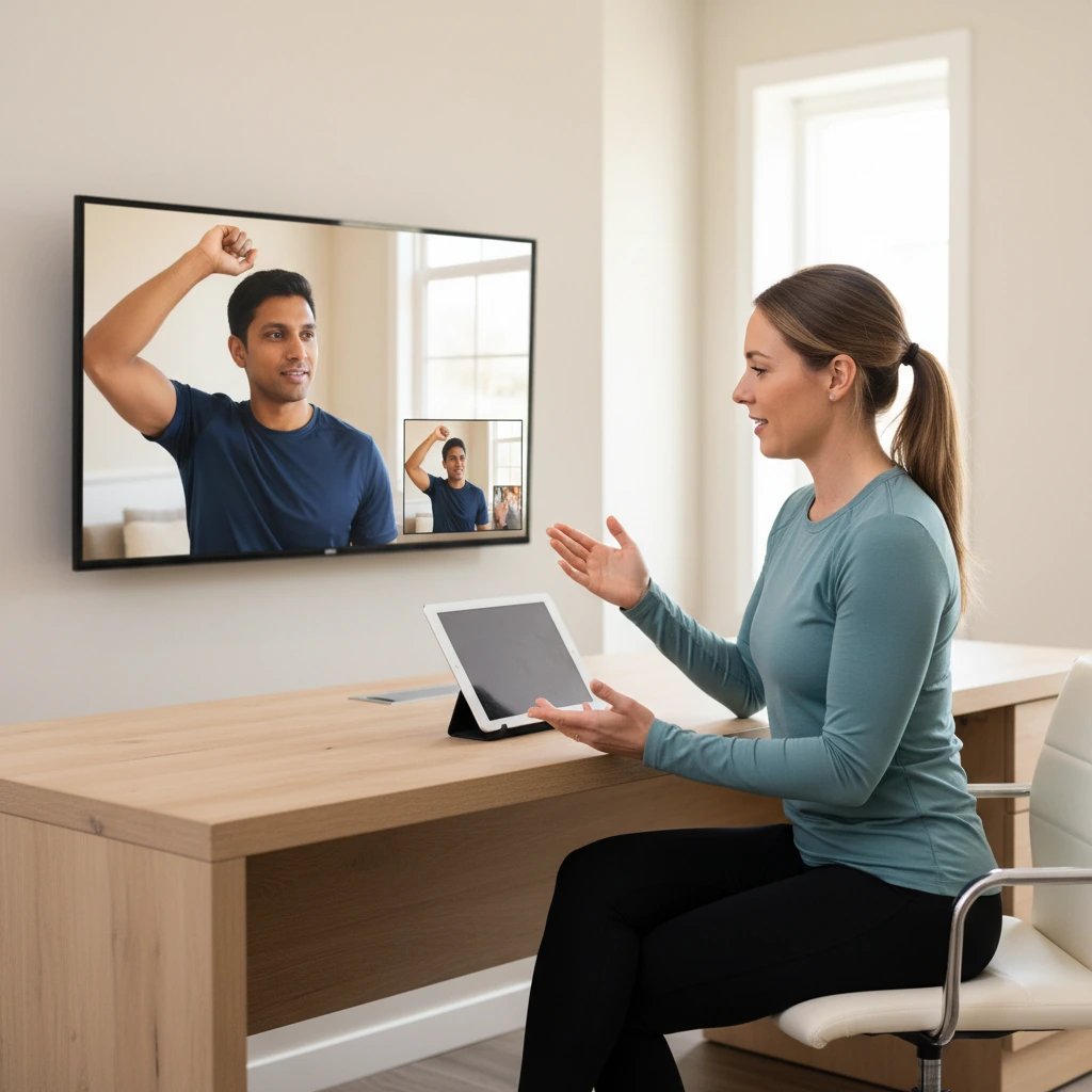 Patient attending a telehealth physical therapy session via laptop at home