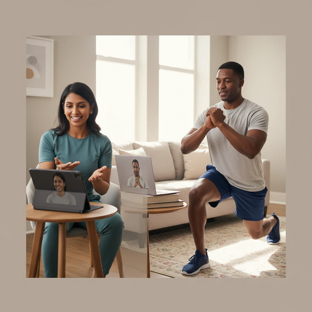 Patient using a tablet for a telehealth physical therapy session at home