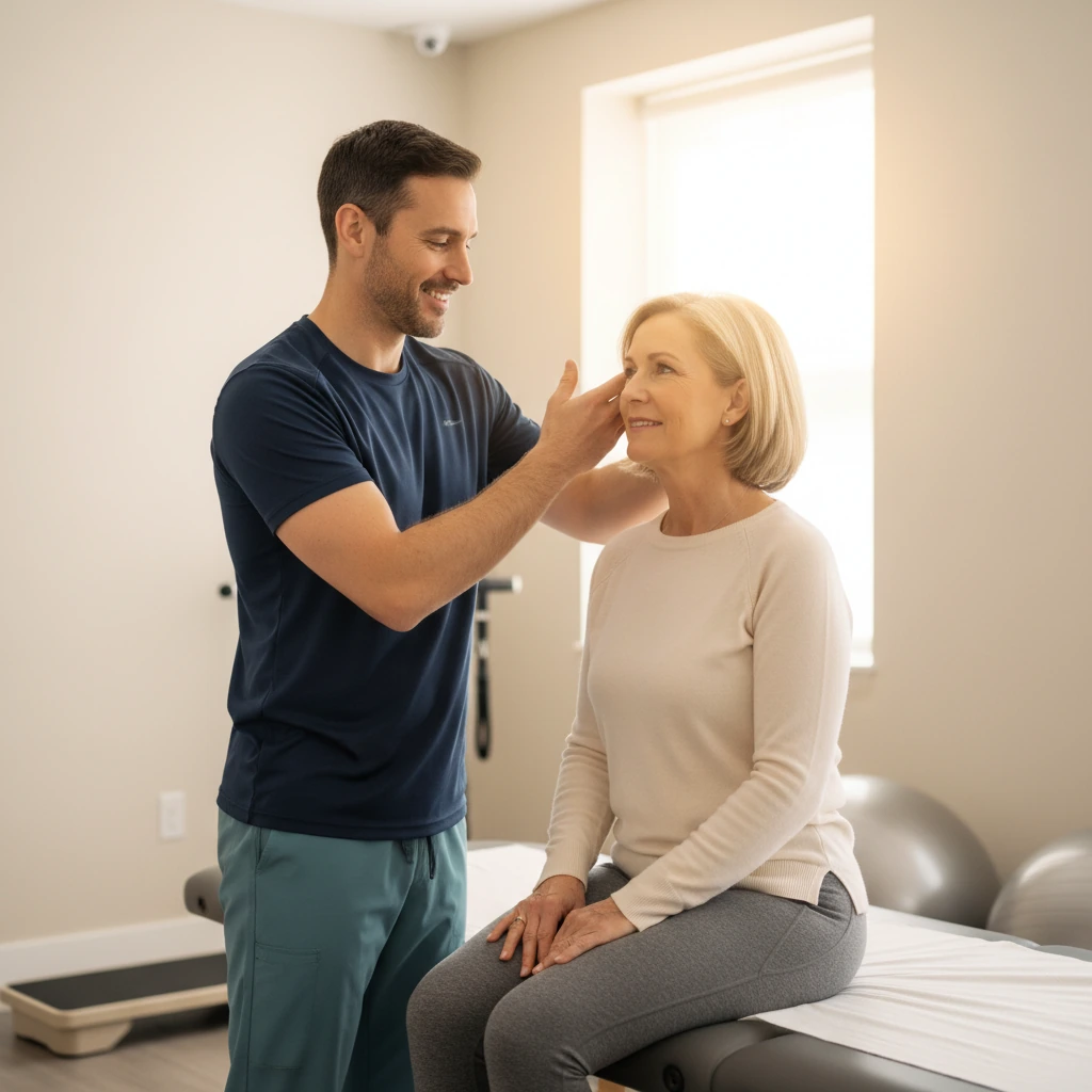 Dynamic Physical Therapy clinician helping a patient regain balance during vestibular rehab